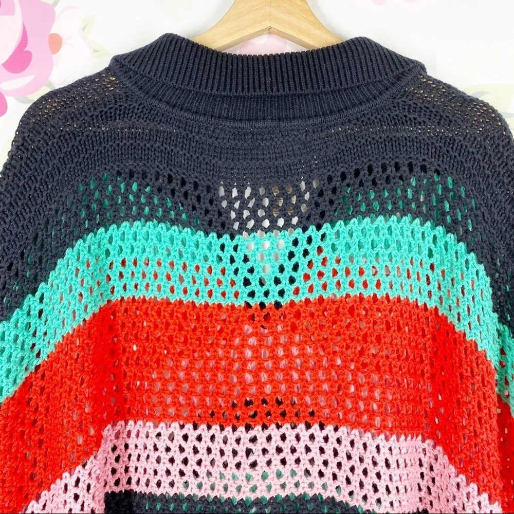 NEW Free People Bayside Stripe Black Combo Crochet Summer Beach Knit Poncho OS